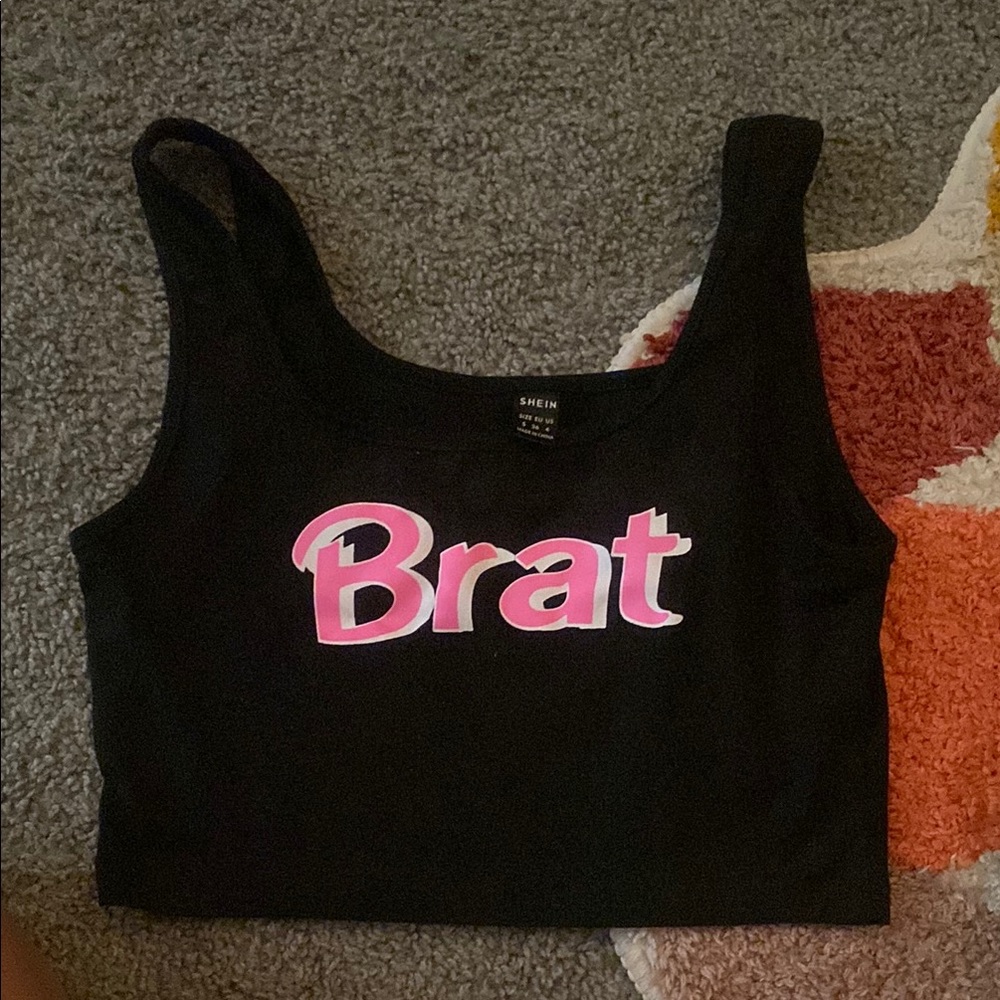 SHEIN Black Crop Top with Pink Brat Graphic